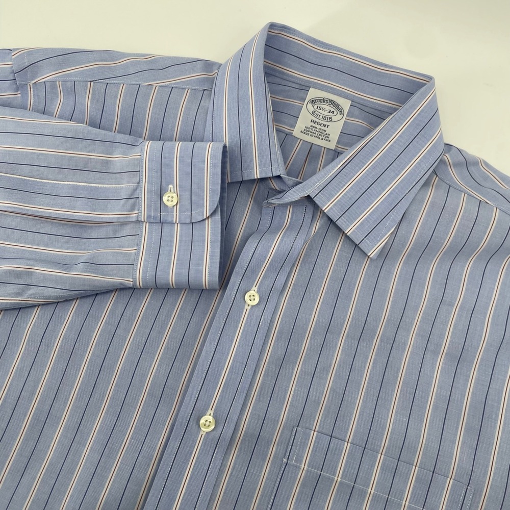 Brooks Brothers Dress Shirt Mens 15.5 34 Blue Regent Fit Striped Supima Cotton